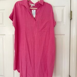 Pink Short Sleeve Linen Shirt Dress